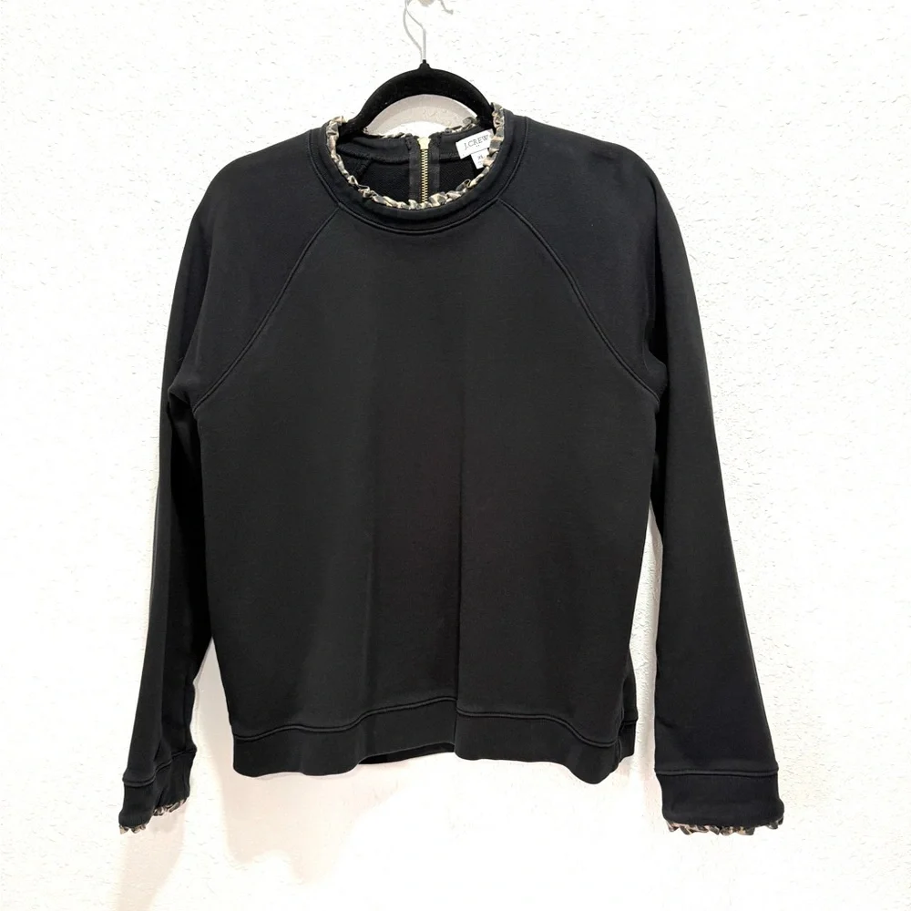 J. Crew Black Crewneck Sweatshirt with Leopard-Edge Trim XL‎
